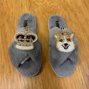 Classic Laines Slippers With Artisan Sandy The Corgi & Royal Crown Brooches